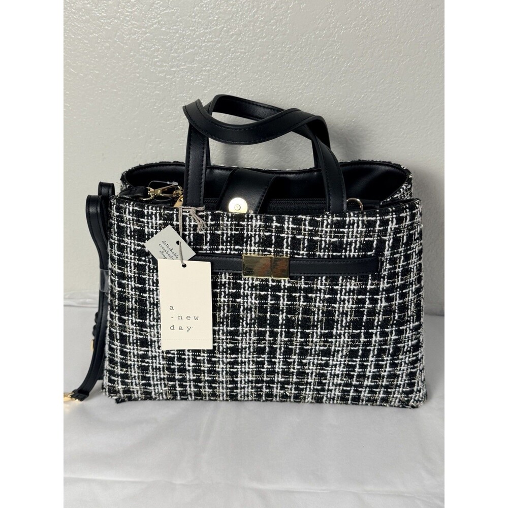 A New Day Black White Tweed Satchel Crossbody Handbag Gold Hardware NWT